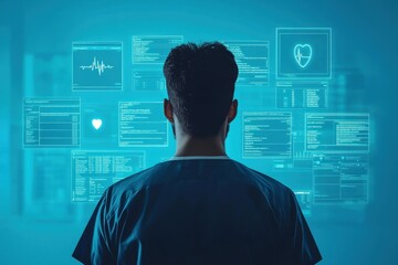 Poster - health info records management concept. Healthcare professional analyzing patient data digital environment medical technology clinical insights