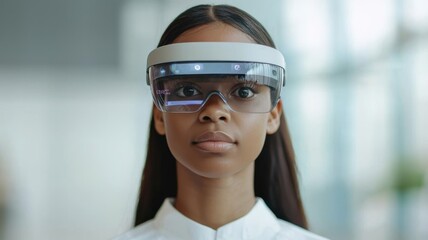 Poster - Innovative technology experience female user with smart glasses in modern office setting engaging environment close-up view