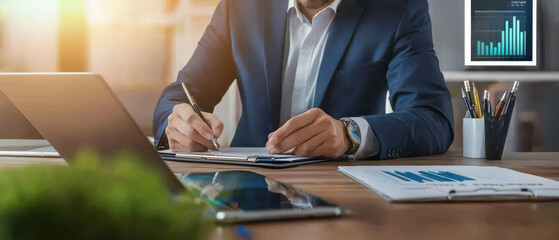 Poster - Focused entrepreneur reviewing strategy documents in modern office