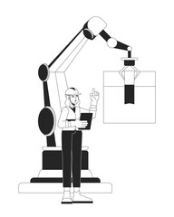 Poster - Female engineer supervising robotic packaging arm black and white 2D line character. Industrial automation. Hardhat woman worker robot isolated vector outline person. Monochromatic spot illustration