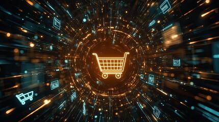 Poster - Abstract digital shopping concept with glowing shopping cart icon in a data tunnel representing online commerce and technology advancements in consumer behavior