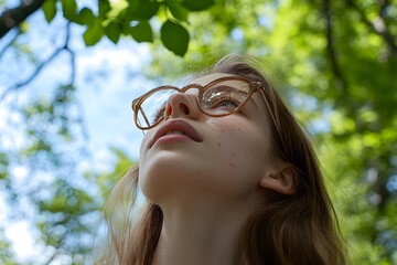 Wall Mural - Young Woman with Glasses Looking Up in Nature