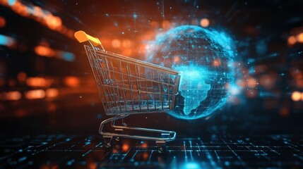 Poster - Futuristic Shopping Cart Surrounded by Digital Globe and Data Streams, Representing E-commerce Technology and Global Online Shopping Trends in a High-Tech Environment