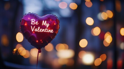Aufkleber - A heart-shaped balloon displays the message Be My Valentine, floating against a backdrop of twinkling lights. The enchanting atmosphere suggests a celebration of love on a chilly evening.