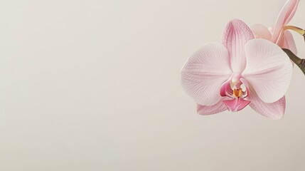 Poster - A single soft pink orchid against a light grey-beige background, close-up shot, Minimalist style