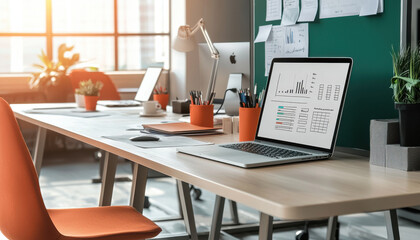 Poster - Modern workspace with shared desks, laptops, and plants for productivity