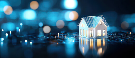 Poster - minimalist illustration of house with solar panels, reflecting technology