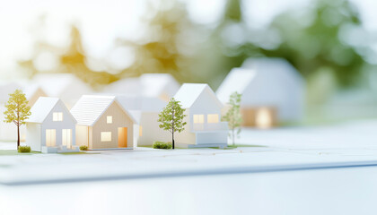 Poster - Miniature houses with trees in serene environment, showcasing real estate concepts