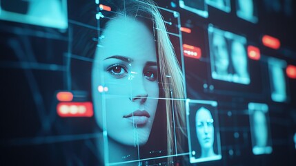 Poster - Futuristic Portrait of a Woman with Digital Interface Overlays Featuring Multiple Face Recognition Displays and Advanced Technology Background
