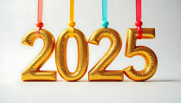 Golden glittery numbers 2025 hanging on strings against a white background, representing the new year, Happy new Year 2025, Banner template for 2025 celebration template created with generative ai