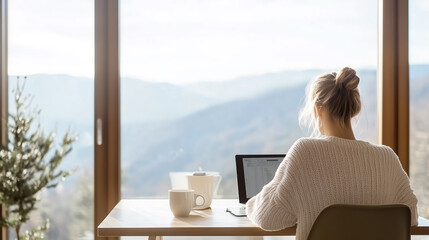Wall Mural - woman working on laptop in cozy space with mountain view during daytime