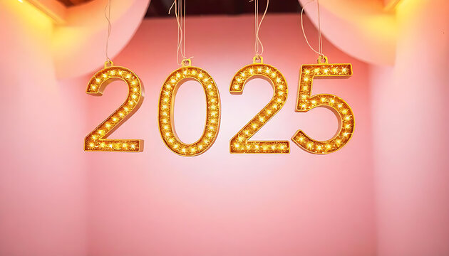 Golden glittery numbers 2025 hanging on strings against a white background, representing the new year, Happy new Year 2025, Banner template for 2025 celebration template created with generative ai