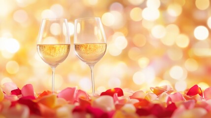 Poster - Two elegant glasses of sparkling wine sit amidst a vibrant display of flower petals, creating a romantic atmosphere filled with soft, warm bokeh lights perfect for special occasions.