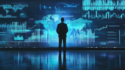 Poster - Businessman Analyzing Data in a Modern Office Environment with Digital World Map and Graphs on a High-Tech Display Background