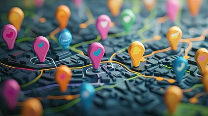 Poster - Colorful Map Markers Representing Locational Points on a 3D Urban Map for Navigation and Geolocation Services in a Modern City Environment