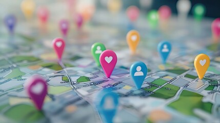 Poster - Colorful Location Pins on Detailed Map Background for Navigation and Location-Based Services with Social Connection Theme