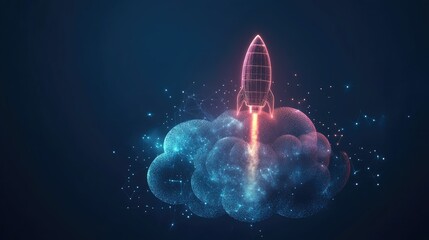 Poster - Futuristic Rocket Launching from a Cloud of Stars and Particles, Symbolizing Innovation, Technology, and Space Exploration in a Digital World