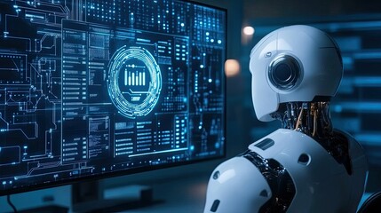Poster - Futuristic Robot Analyzing Data on a High-Tech Screen, Showcasing Artificial Intelligence and Advanced Digital Technology in a Modern Environment