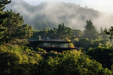 Wall Mural - A house perched on top of a lush green hillside with a beautiful view