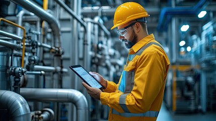 Poster - Focused Engineer in Safety Gear Using Tablet to Analyze Data in Industrial Facility Surrounded by Machinery and Pipelines in Bright, Professional Environment
