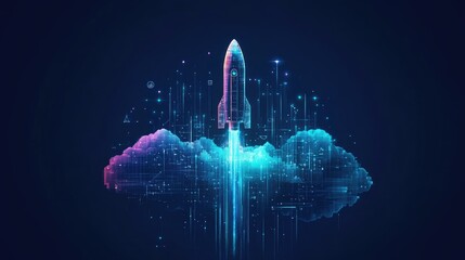 Poster - Digital Rocket Launching into a Starry Sky over a Futuristic Cloudscape with Vibrant Colors and a Technological Theme for Innovation and Exploration