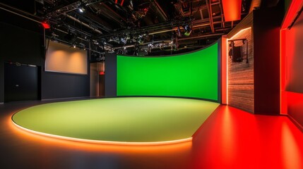 Poster - A sleek, low-angle view of a television studio with green screen technology, sharp red accents, and soft white lighting. Curved design for a dynamic, modern feel.