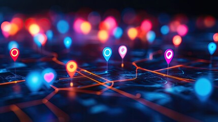 Poster - Colorful Map Pins and Lights on a Vibrant Digital City Map Featuring Abstract Technology Background for Navigation and Location Services