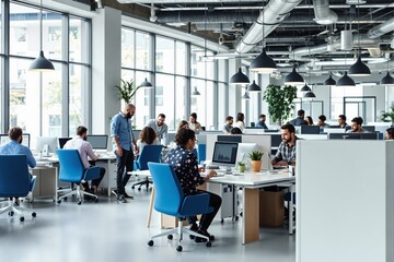 Modern office workspace with colleagues collaborating and working.