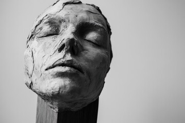 A black and white photograph of a sculpture depicting a human face, ideal for use in art-related contexts