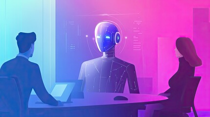 Poster - Futuristic Meeting with AI Robot in Digital Environment, Illustrating Human-Robot Interaction in Business Setting Focused on Technology and Innovation
