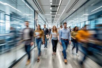Aufkleber - Busy office hallway with people walking.