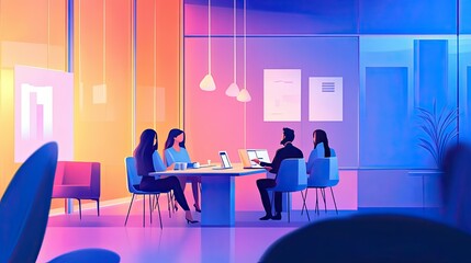Poster - Modern Business Meeting in Colorful Office Setting with Diverse Professionals Engaged in Collaboration and Discussion Around a Round Table with Laptops