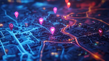 Poster - Futuristic City Map with Colorful Location Pins Showcasing Urban Connections and Technology in a Night Scene