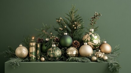 Leinwandbilder - Beige and green podium arrangement with artistic Christmas baubles, incorporating elements from Christian traditions worldwide