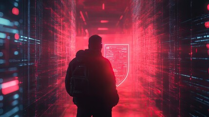 Poster - Mysterious Figure Standing in a Futuristic Data Corridor with Vibrant Red Digital Lights Illuminating a Shield, Symbolizing Cybersecurity and Protection