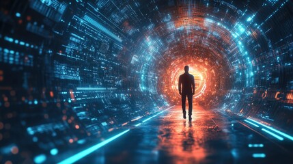 Poster - Futuristic Digital Tunnel with Silhouette of a Person Walking Through, Symbolizing Technology, Journey, and Exploration of Virtual Worlds