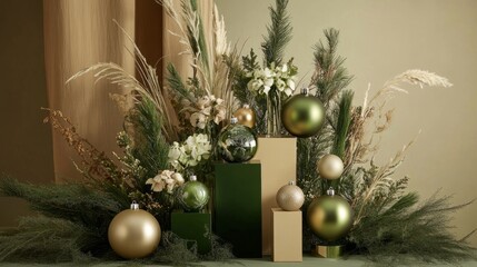 Leinwandbilder - Beige and green podium arrangement with artistic Christmas baubles, incorporating elements from Christian traditions worldwide