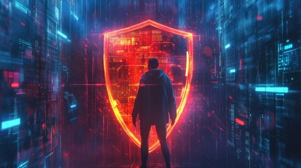 Poster - Futuristic Concept of Cybersecurity with a Silhouette of a Person in Front of a Digital Shield Surrounded by Data Streams and Neon Lights