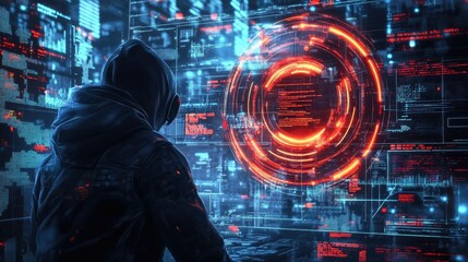 Poster - Futuristic hacker working with digital interface and glowing data visualization on screen, immersing in technology and cybernetic exploration at night.