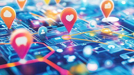 Poster - Vibrant Digital Map with Colorful Location Pins Representing Connections and Interactions in a Modern Technological Environment