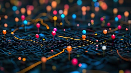 Poster - Colorful Map Pins on a Vibrant City Map Representing Locations and Points of Interest in a High-Tech Urban Environment, Ideal for Navigation and Geolocation Services
