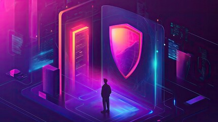 Poster - Futuristic Digital Security Concept with Shield Symbolizing Protection Against Cyber Threats in a Neon Light Environment for Technology Themes