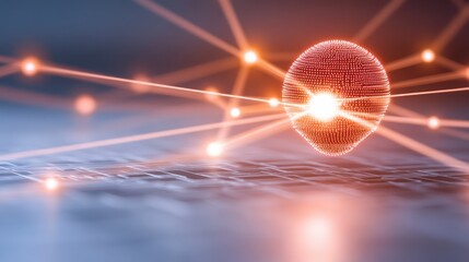 Poster - A glowing, spherical network of light particles radiates energy, symbolizing technology and innovation against a soft, blurred background.
