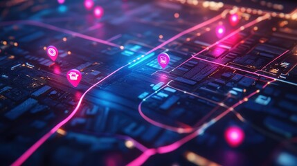 Poster - Futuristic Navigation Map with Vibrant Markers Indicating Points of Interest in a Neon-Illuminated Urban Landscape at Night