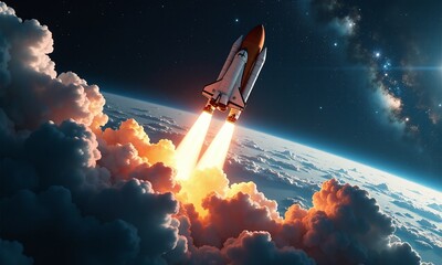 space shuttle launch earth orbit cosmic background starry