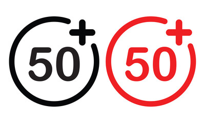 Poster - 50 plus icon set in circle shape. 50 plus age limit symbols. Black and red 50 plus icons isolated on white background. Vector illustration. EPS 10