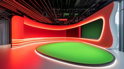 Poster - Modern TV studio with smooth curved panels in red and white, a bright green screen backdrop, and soft, even lighting for an elegant media production space