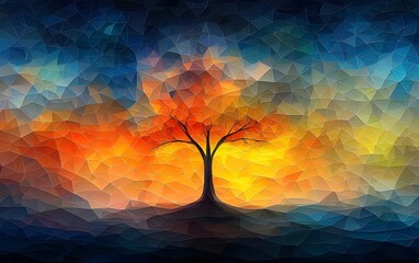 Wall Mural - A solitary tree silhouetted against a vibrant sunset, showcasing a stunning palette of warm oranges, yellows, and deep blues, evoking a sense of serenity and tranquility.