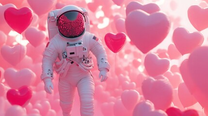 Poster - An astronaut in a spacesuit strides through a dreamy atmosphere filled with floating pink hearts.