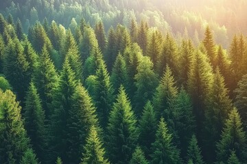  Lush Green Forest with Abundant Pine Trees Under Soft Morning Light Creating a Serene and Peaceful Wilderness Landscape